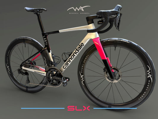 Cannondale LAB71 SuperSix EVO road bike upgraded with Wheel Angel SLX 4954 carbon spoke wheelset side profile view
