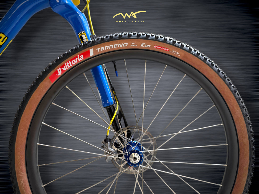 Wheel Angel custom carbon front wheel with blue Onyx Lefty hub and Vittoria Terreno XC Race tire