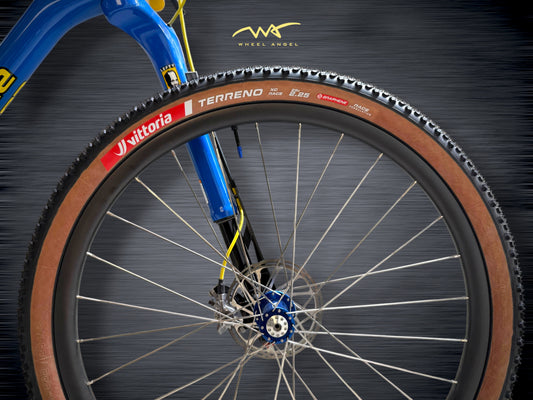 Wheel Angel custom carbon front wheel with blue Onyx Lefty hub and Vittoria Terreno XC Race tire