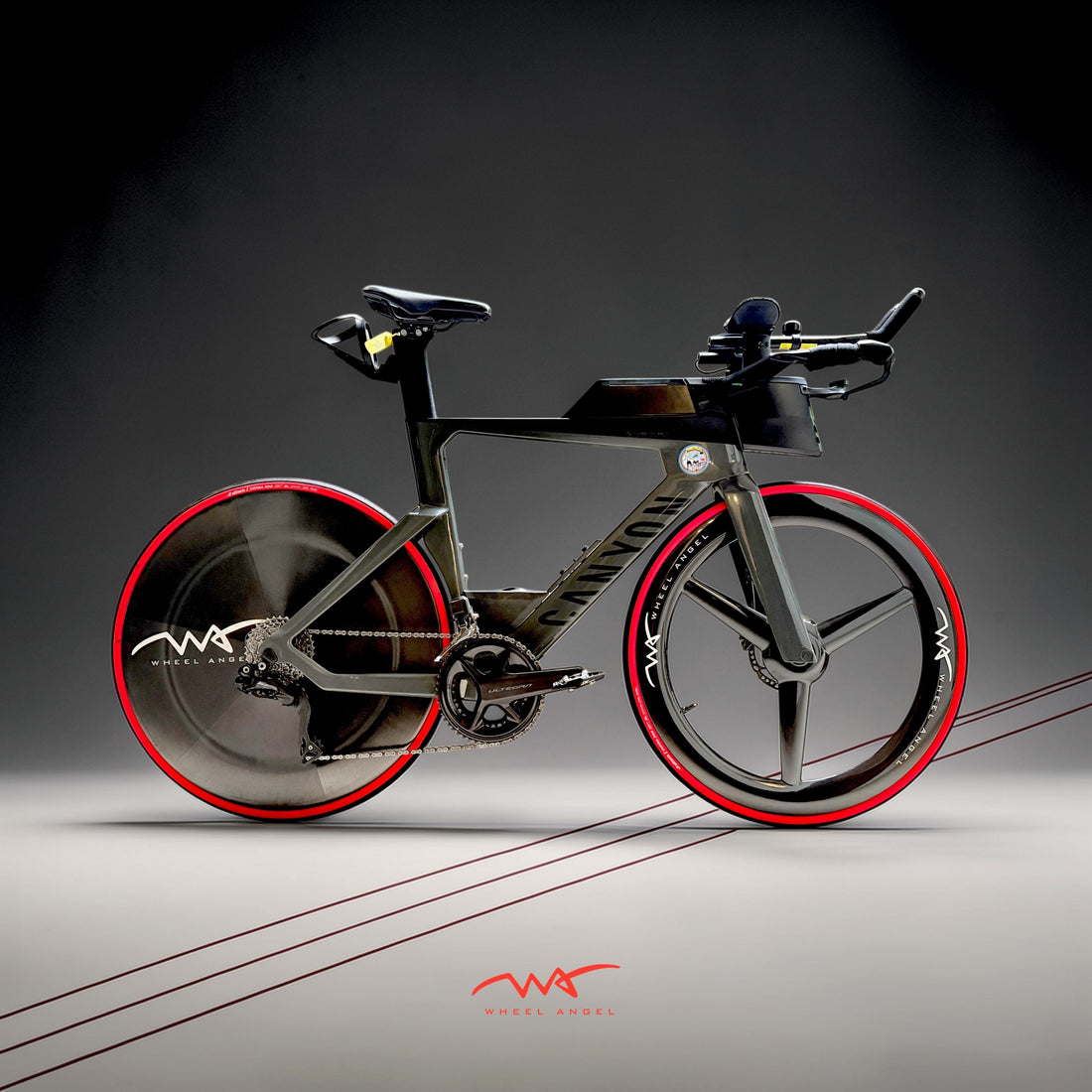 Canyon Speedmax TT bike fitted with Wheel Angel front tri-spoke and rear full disc carbon wheelset