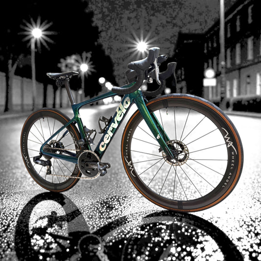 Cervelo road bike with Wheel Angel SLX 44 49mm carbon spoke wheels