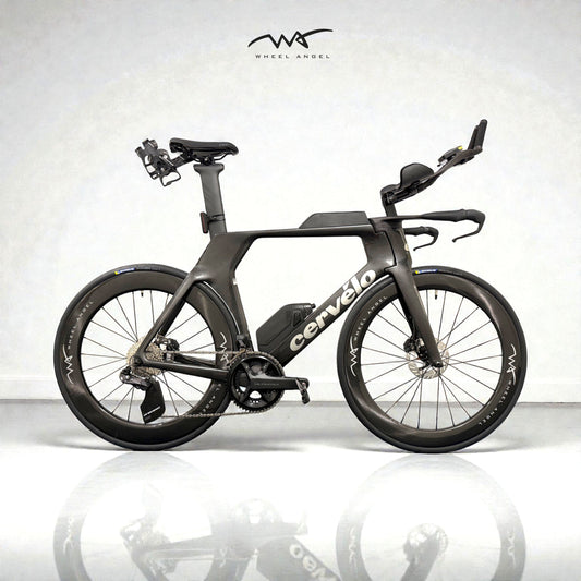 Cervelo TT bike equipped with Wheel Angel SL30 carbon triathlon wheels and Takino ceramic bearing hubs.