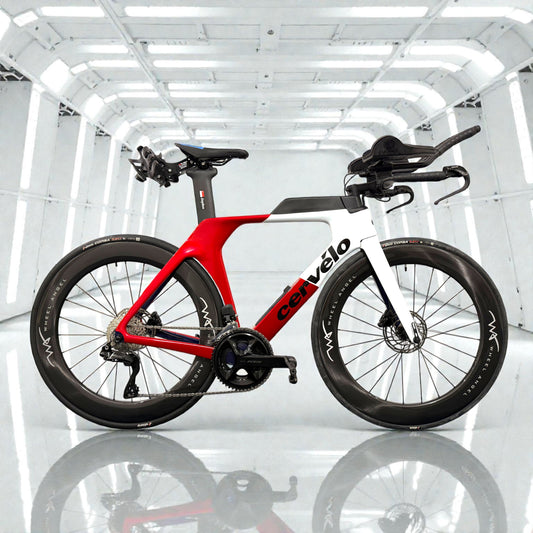 Cervelo P-Series red and white triathlon bike with Wheel Angel triathlon carbon wheels.