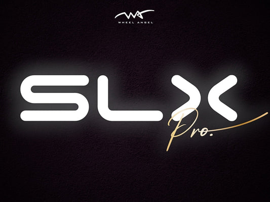 SLX Pro glowing white text logo on a dark textured background with Wheel Angel boutique branding