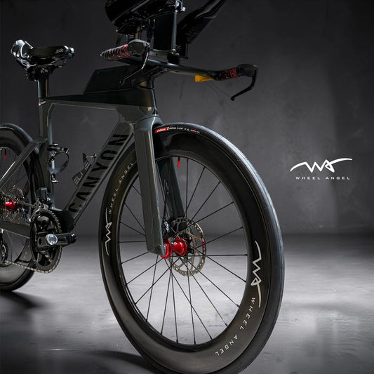 Canyon triathlon bike fitted with Wheel Angel deep section carbon wheelset