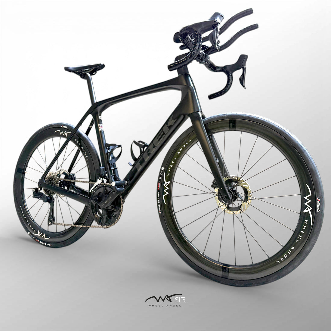 High-performance Trek road bike featuring Wheel Angel SLR custom wheels