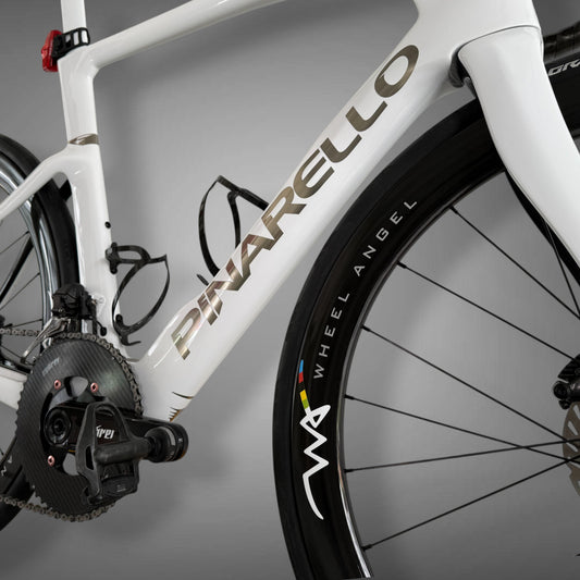 Close up of Pinarello F frame with Wheel Angel SLR 49 carbon rim and custom decals