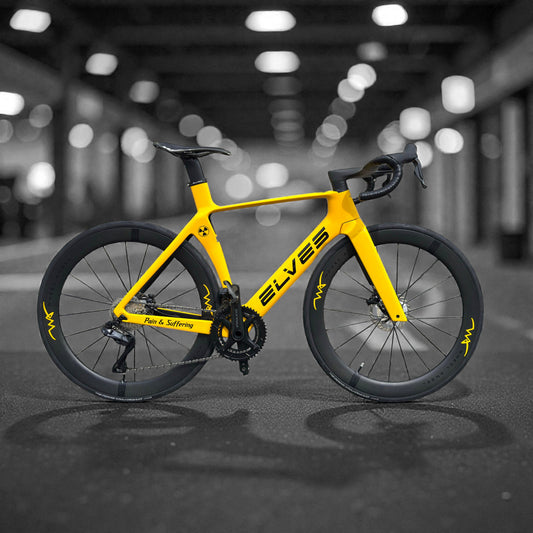 Yellow Elves bike with Wheel Angel SLX 54 Carbon Spoke Wheels Singapore 3k Twill Weave finish